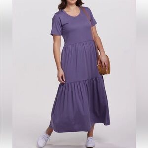Woolx Lucia Merino Wool Short Sleeve Tiered Dress in Montana Grape Size Large